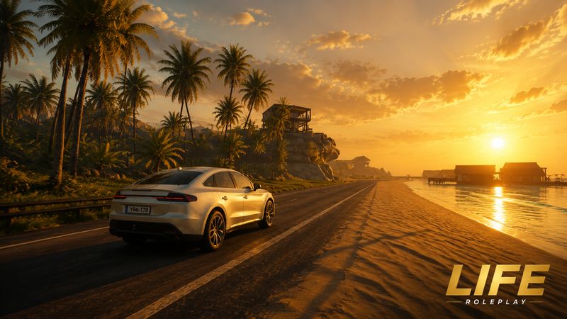 LIFE Roleplay key art, sedan on a beach highway at sunset