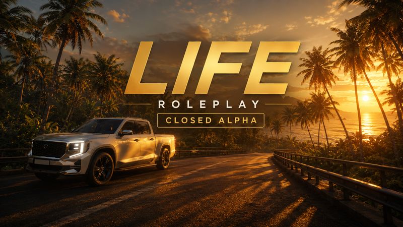 LIFE Roleplay key art, pickup on a coastal road at sunset