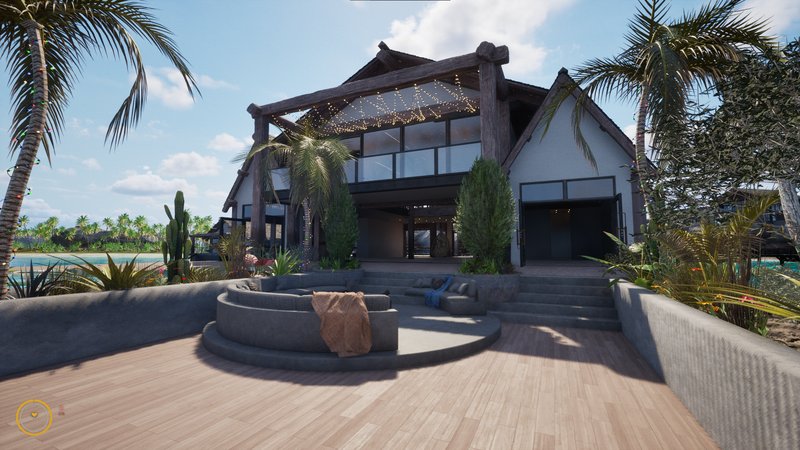 In-game screenshot, beach house with a sunken lounge terrace and palm trees