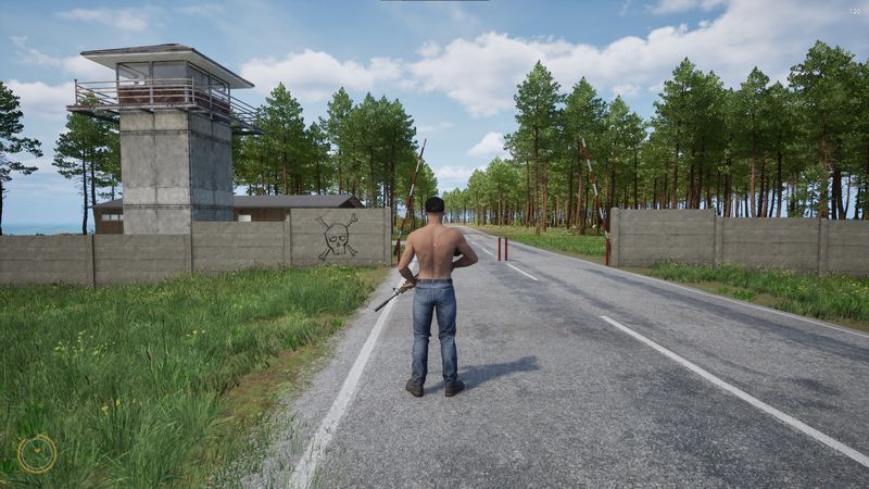 In-game screenshot, player with a rifle at an abandoned checkpoint