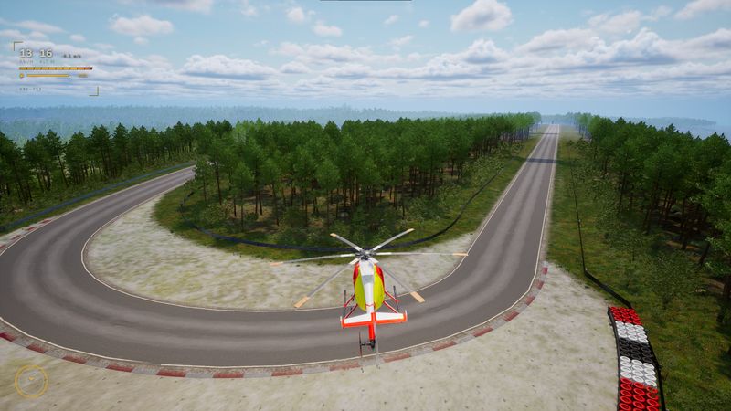 In-game screenshot, medic helicopter hovering over a race track hairpin
