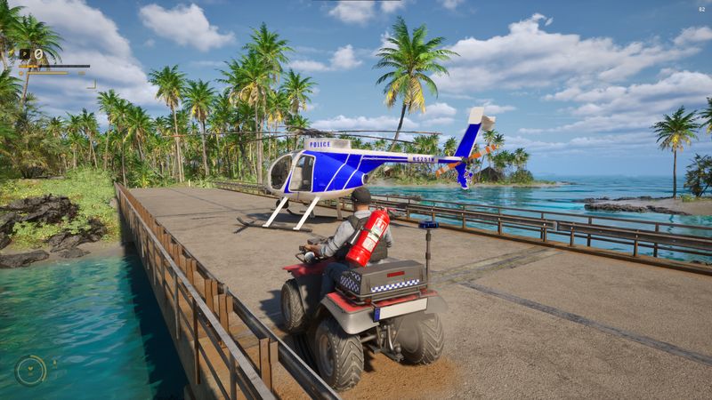 In-game screenshot, police helicopter on a pier helipad, player on a quad
